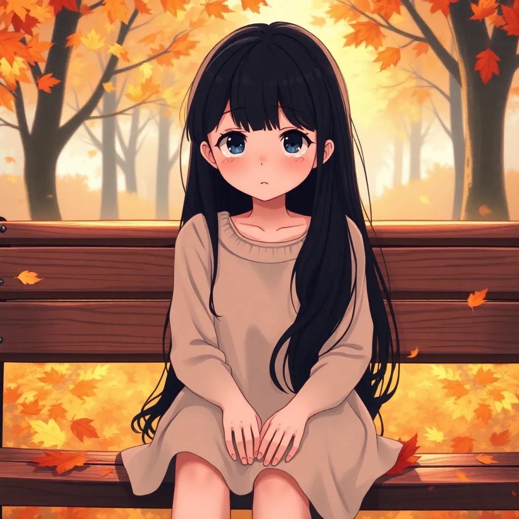 A sad girl, Suad, with long, black hair, wearing a simple dress, sitting on a park bench with tears in her eyes, surrounded by autumn leaves, illustration, warm colors, soft light, emotional perspective, heartwarming scene, high quality
