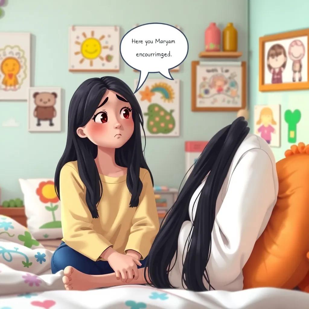 Soad, a sad girl with long, black hair, in her bedroom, surrounded by colorful drawings, talking to her friend Maryam with encouragement, bright cheerful colors, friendly atmosphere, child-friendly, engaging scene, high quality