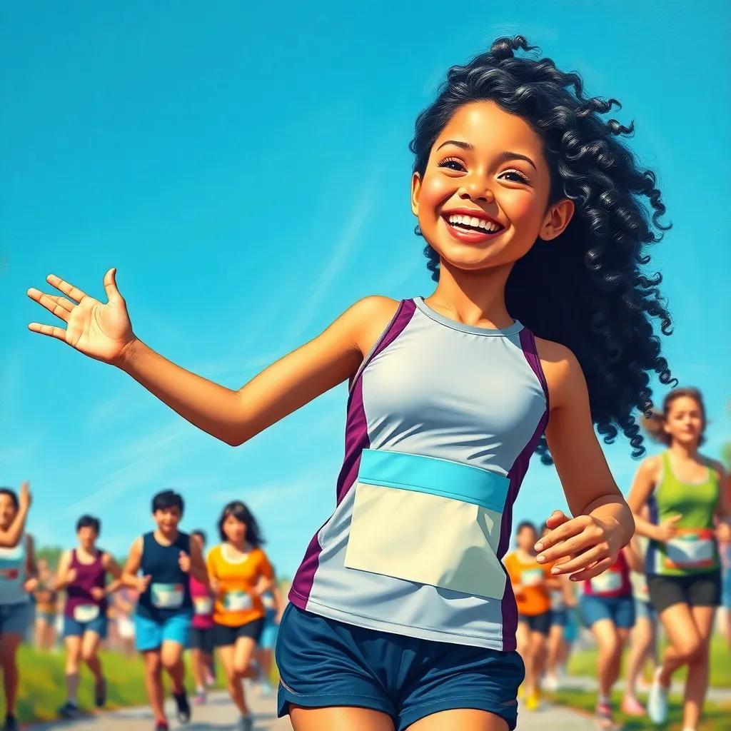 Zina, a beautiful girl with curly black hair, wearing a sports outfit, cheerfully participating in a running race with friends cheering her, bright blue sky, exciting atmosphere, colorful, uplifting, high quality