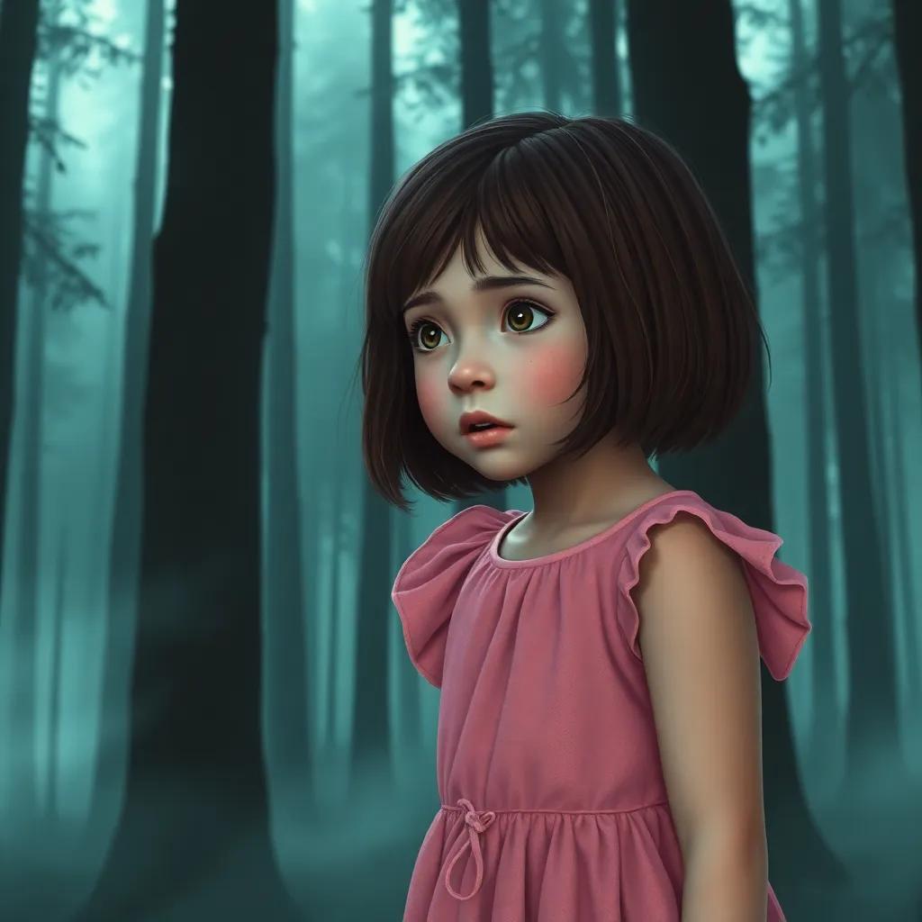 A young girl, Sarah, with short brown hair, wearing a pink dress, looking scared and lost in a dark forest with tall trees and fog, digital art, eerie atmosphere, cold colors, focused on the girl, high quality