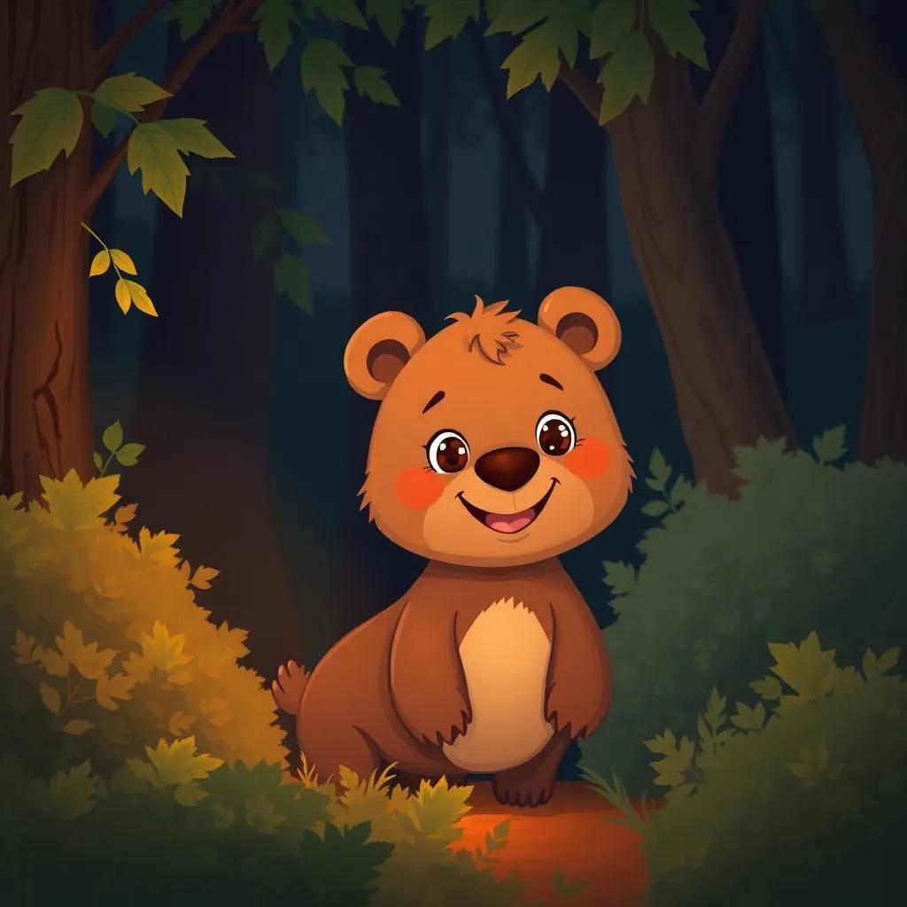 A small brown bear, Lucy, with big bright eyes and a cheerful smile, standing beside Sarah in the dark forest, surrounded by green bushes and trees, digital painting, warm and inviting colors, friendly vibe, child-friendly