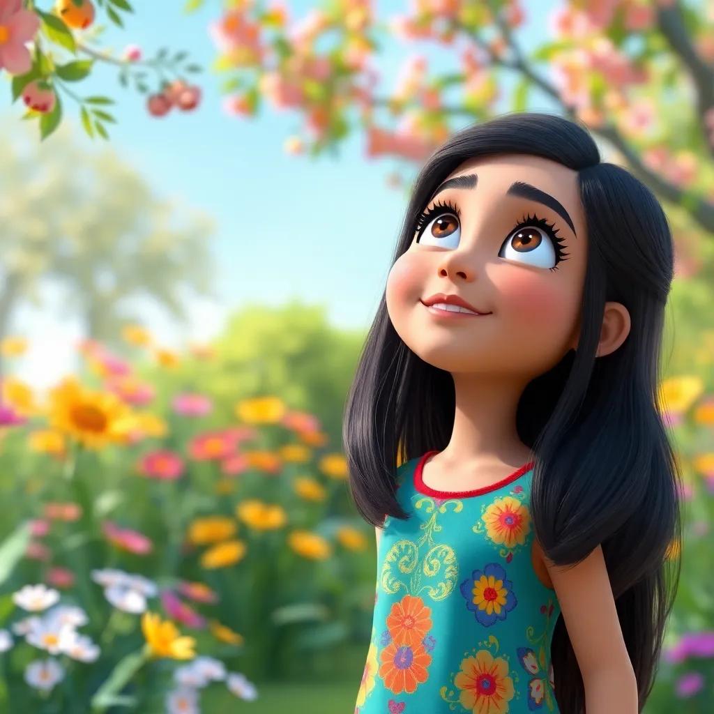 A young Arab girl, Leila, with shoulder-length dark hair wearing a colorful dress, standing in a green garden with colorful flowers, looking up at the blue sky, digital art, bright colors, cheerful atmosphere, high quality
