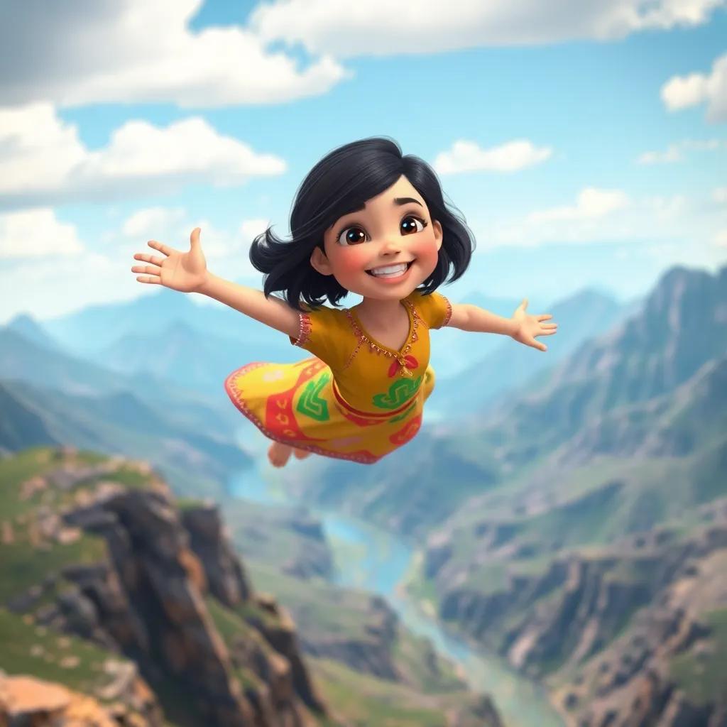 Leila, a young Arab girl with shoulder-length dark hair in a colorful dress, flying through the air above mountains and rivers, with a joyful expression, digital art, vivid colors, adventurous mood, high quality