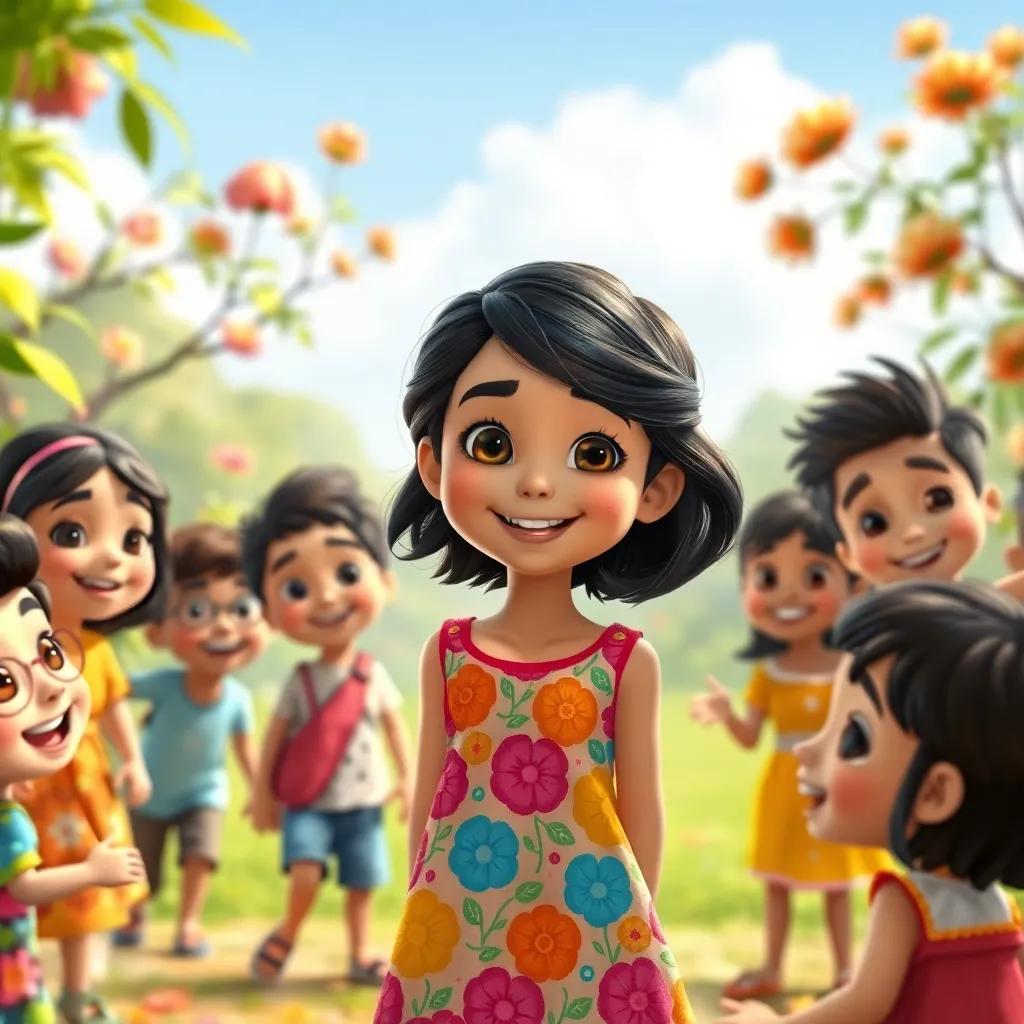 Leila, a young Arab girl with shoulder-length dark hair wearing a colorful dress, smiling and playing with new friends from different cultures, surrounded by children and nature, cheerful scene, bright colors, inviting atmosphere, high quality
