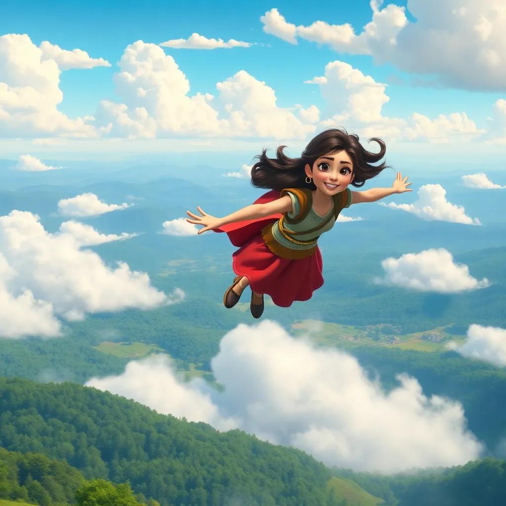 A beautiful landscape showcasing Leila flying above stunning vistas, including forests and fields, with a clear blue sky and fluffy clouds, digital painting, vibrant colors, inspiring atmosphere, high quality