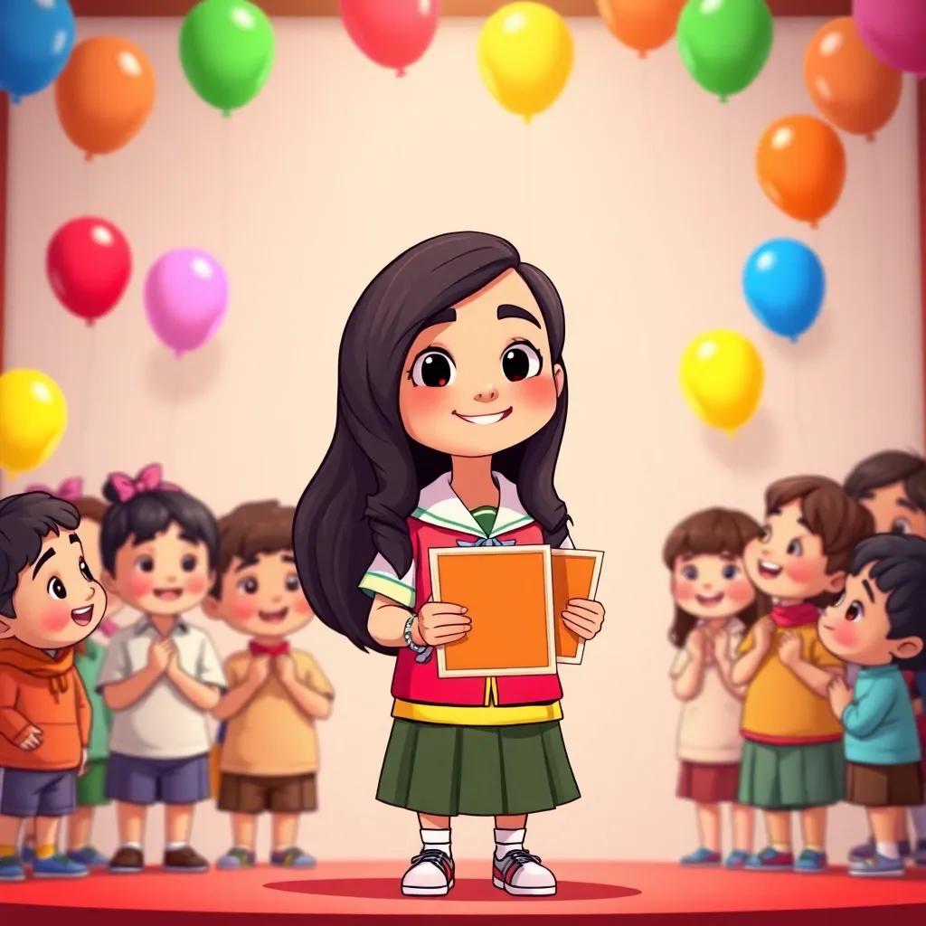 Leila, a young Arab girl with long, dark hair in a bright school uniform, receiving an award on a small stage in front of proud classmates, balloons in the background, joyful celebration, illustration, bright and lively, engaging, high quality
