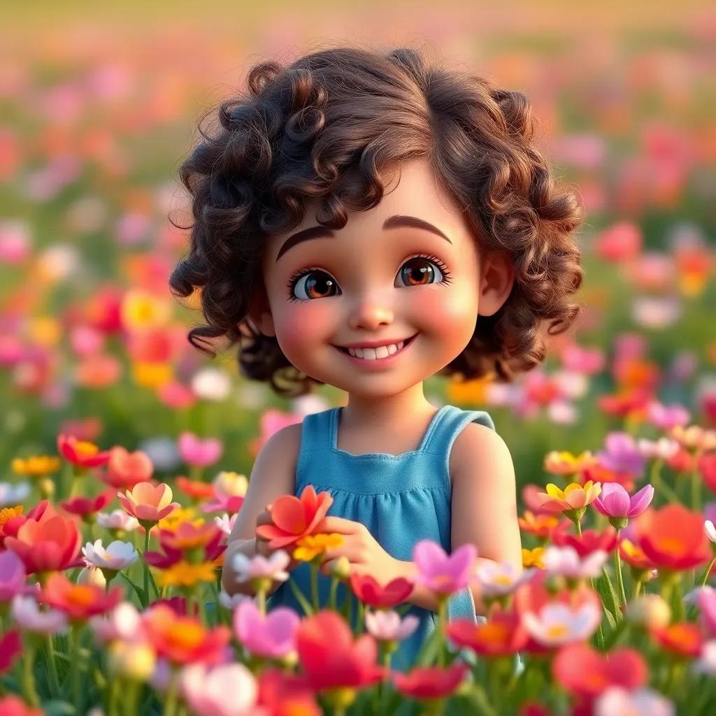 A little girl, Leila, with curly brown hair, wearing a simple blue dress, smiling brightly while picking colorful flowers in a meadow full of vibrant petals, digital art, cheerful, nature theme, warm lighting, colorful, playful atmosphere, high quality