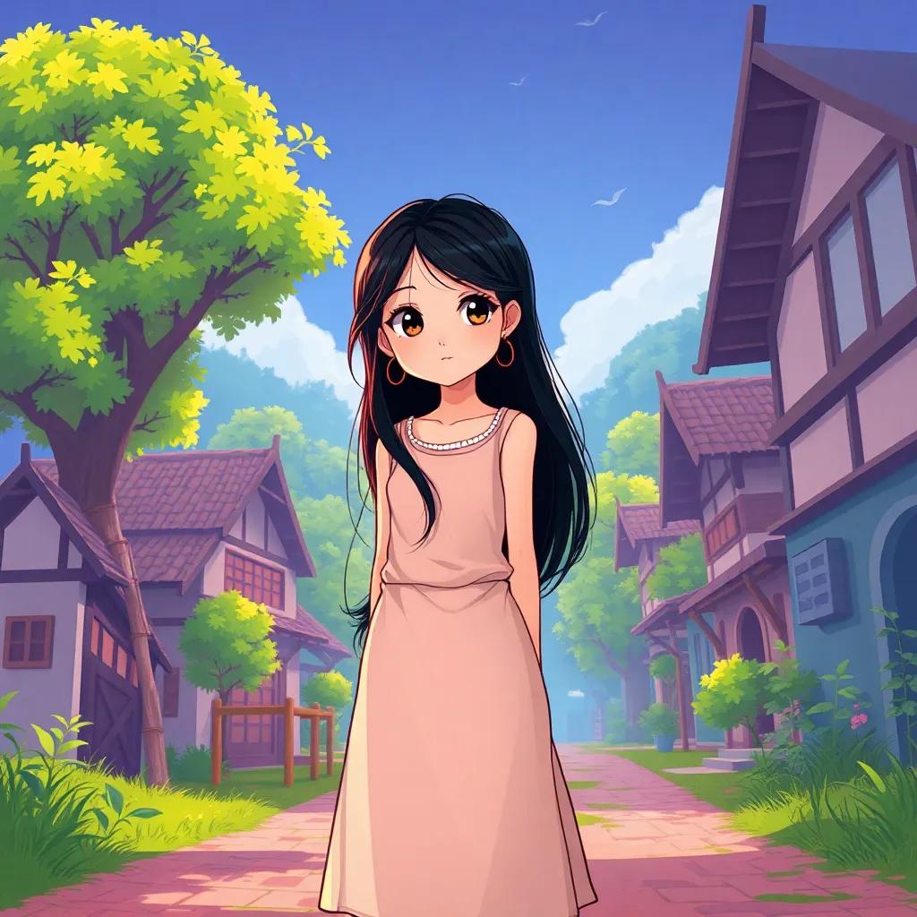 A young girl, Layla, with long, black hair, wearing a simple dress, standing in a small village with traditional houses and lush green trees, feeling determined, illustration, bright colors, hopeful atmosphere, high quality