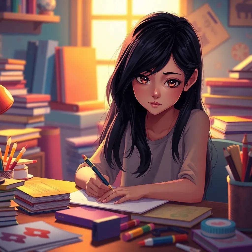 Layla, a young girl with long, black hair in a simple dress, sitting at a table surrounded by books and art supplies, focusing on her drawing with determination in her eyes, digital art, warm light, vibrant colors, inspiring setting, high quality
