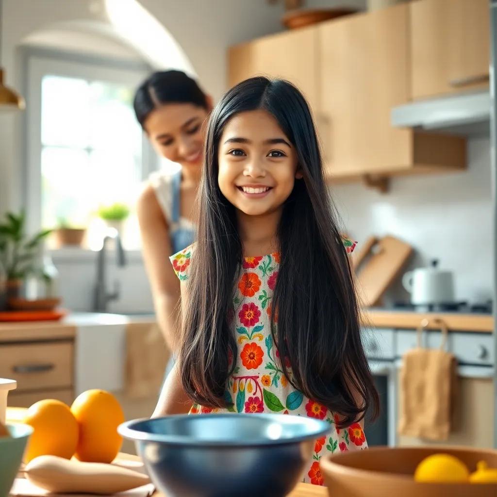 A cute little girl, Leila, with long black hair wearing a colorful dress, happily helping her mother with household chores in a cozy kitchen with sunlight streaming in, vibrant colors, cheerful atmosphere, high quality