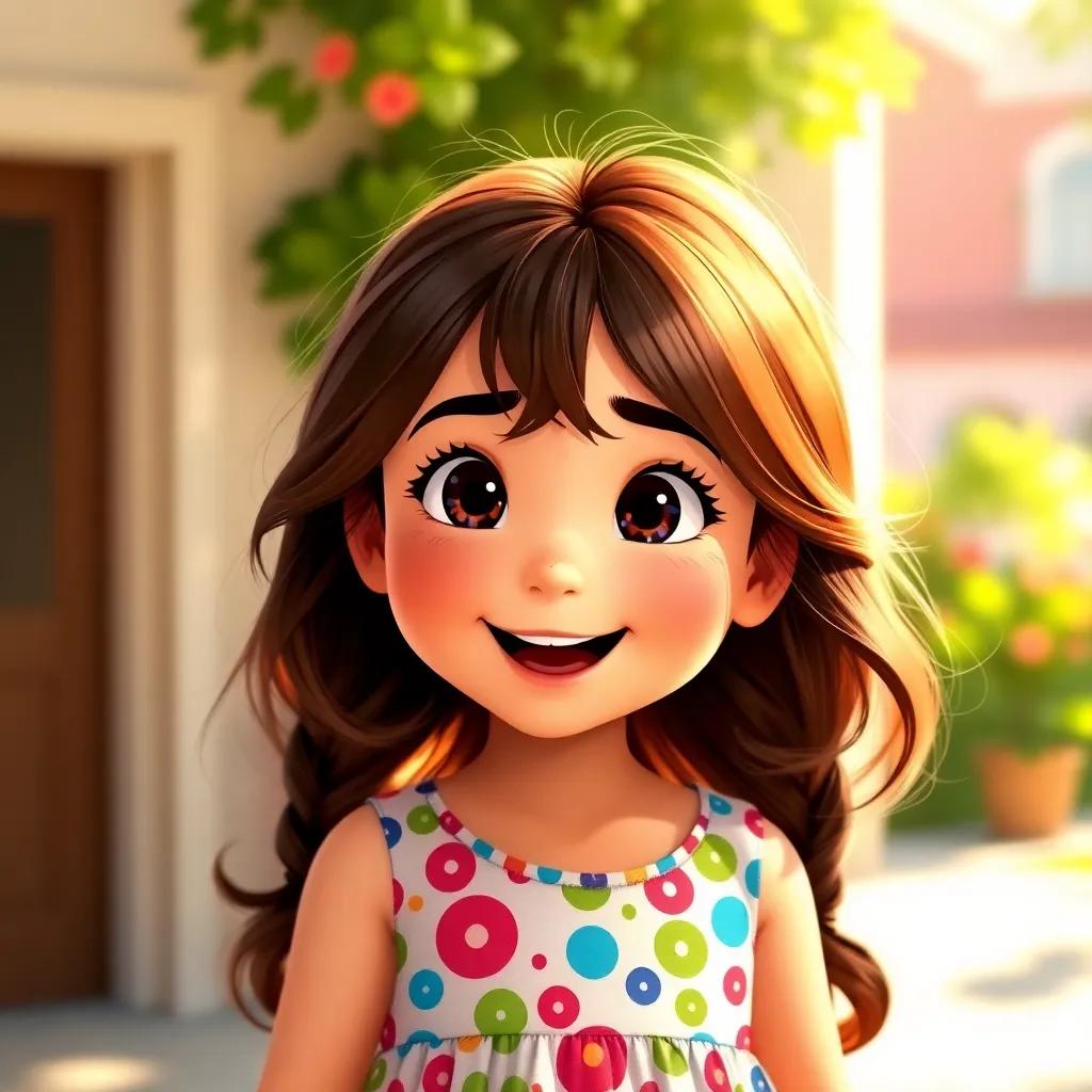 A beautiful and active young girl, Leila, with long brown hair and wearing a colorful dress, excitedly telling her mother she wants to go to kindergarten, bright morning light, cheerful, vibrant colors, close-up, digital art, high-quality