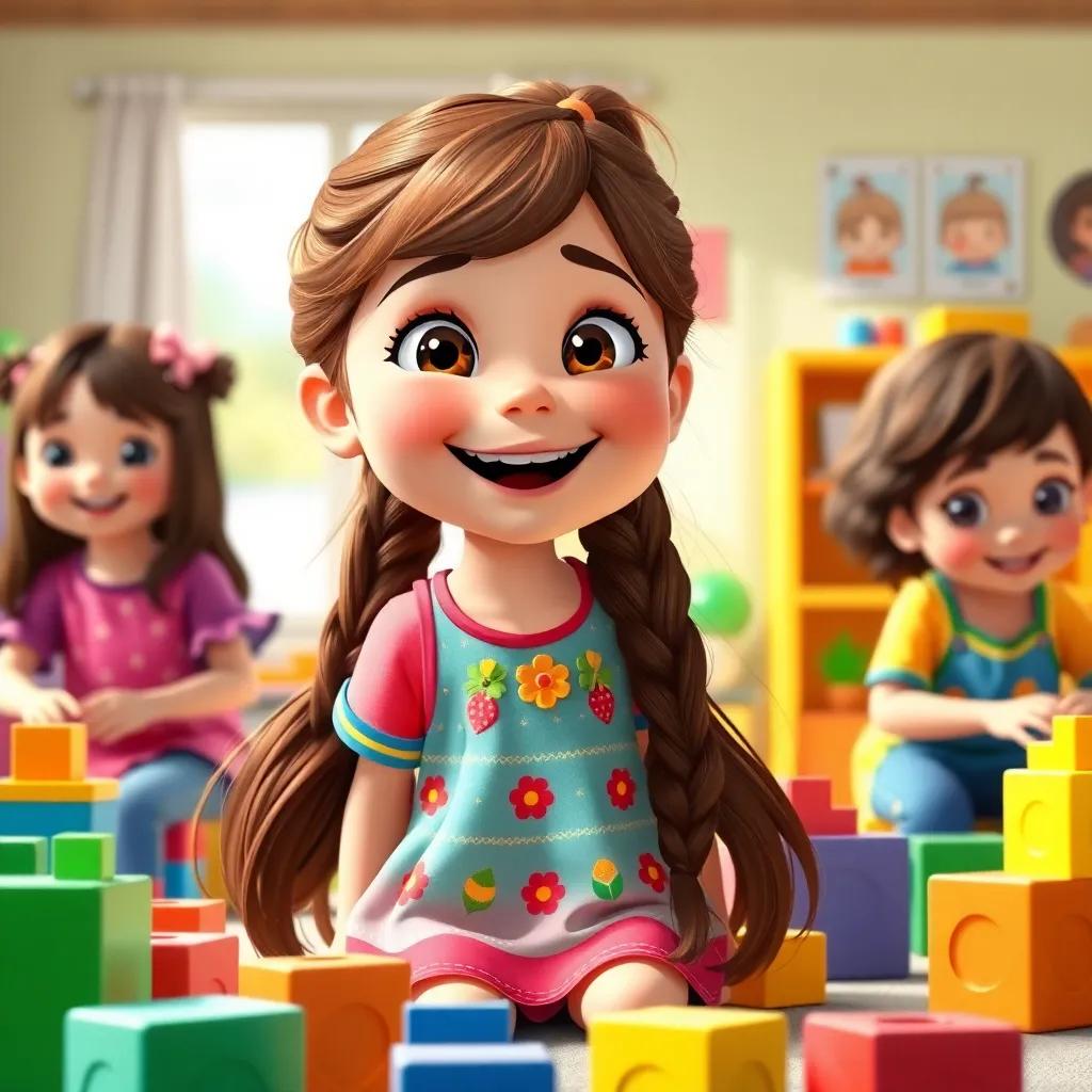 A joyful young girl, Leila, with long brown hair tied in a ponytail, wearing a decorated colorful dress, happily playing with her friends at kindergarten, colorful toy blocks scattered around, bright and inviting atmosphere, illustration, child-friendly, high-quality