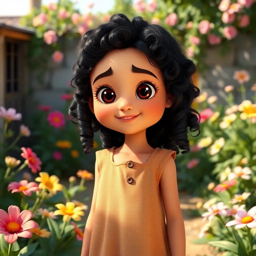 A young Arab girl, Leila, with curly black hair, wearing a simple, faded dress, standing in a sunlit orphanage garden, surrounded by blooming flowers, cheerful atmosphere, digital art, vibrant colors, playful mood, high quality