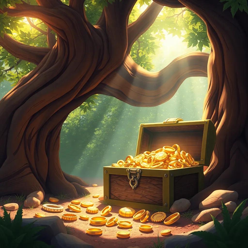 A treasure chest filled with golden jewelry, buried under a large tree, with sunlight filtering through the leaves, creating a magical atmosphere, detailed illustration, enchanted, warm light, high quality