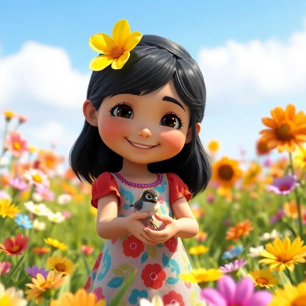 A small girl, Mariam, with black hair, wearing a colorful dress, gently holding a small injured bird in a flower field, bright sunny day, colorful flowers around, smiling, cheerful atmosphere