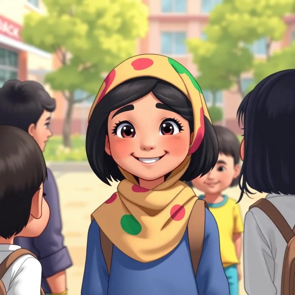 Leila, a young Arab girl, with short black hair, wearing a colorful hijab, smiling confidently in a schoolyard, surrounded by friends who look amazed, illustration, cheerful, inspiring, child-friendly