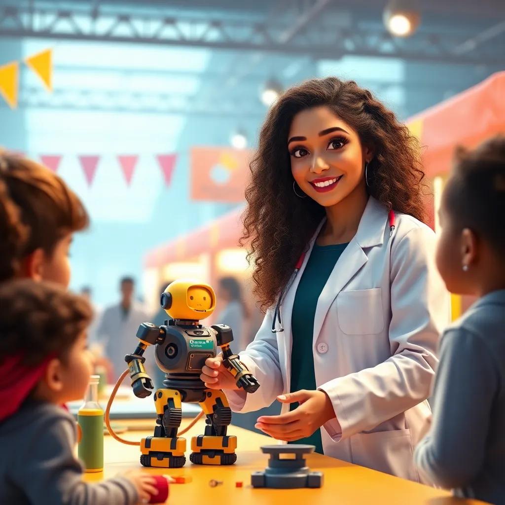 Dr. Sara, a woman of Middle-Eastern descent, with long curly hair, wearing a lab coat, showing children how to build a robot at a science fair, detailed digital art, bright colors, exciting atmosphere, high quality