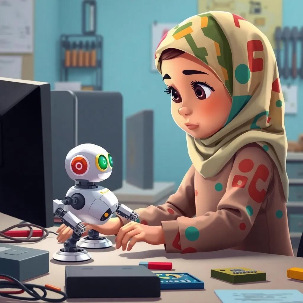 Leila, a young Arab girl with a colorful hijab, concentrating while programming a robot on a computer, surrounded by tools and circuit boards, illustration, focused expression, creative environment, child-friendly