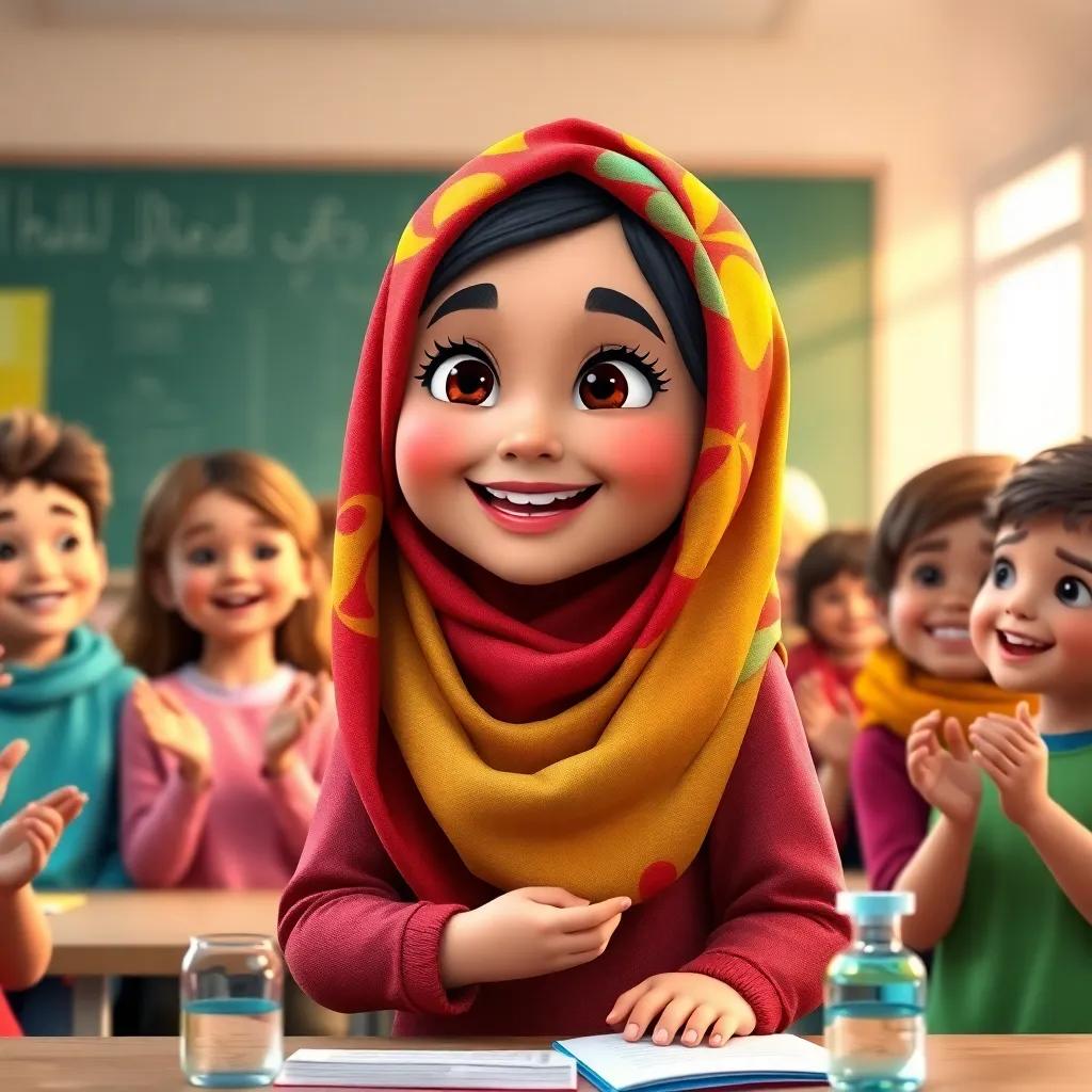 Leila, a young Arab girl with a colorful hijab, happily presenting her science project to her classmates, who are clapping and smiling, classroom background, colorful, joyful atmosphere, uplifting imagery