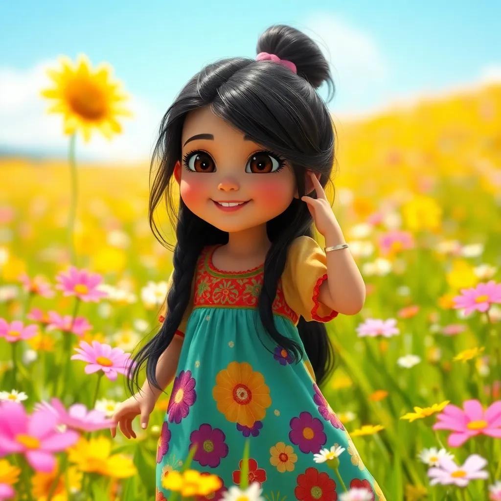 A young Arab girl, Leila, with long black hair wearing a colorful dress, playing in a sunny field filled with flowers, expression of joy, bright colors, vibrant atmosphere, high quality