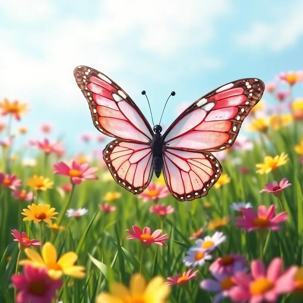 A beautiful butterfly, looking sad, fluttering in a colorful flower field, surrounded by green grass and blue sky, soft sunlight, detailed, whimsical