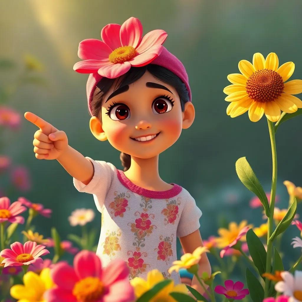 Leila, a young Arab girl, pointing towards a big flower while looking curious, colorful flowers around her, cheerful scene, inviting and warm light, high quality