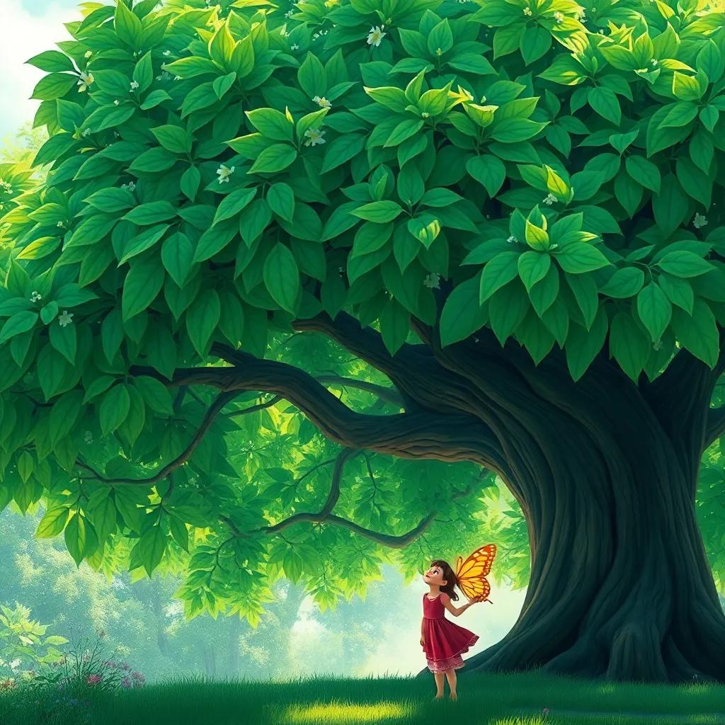 A large green tree with wide leaves, Leila and the butterfly nearby, looking up at the tree with excitement, bright and cheerful, magical atmosphere, high quality