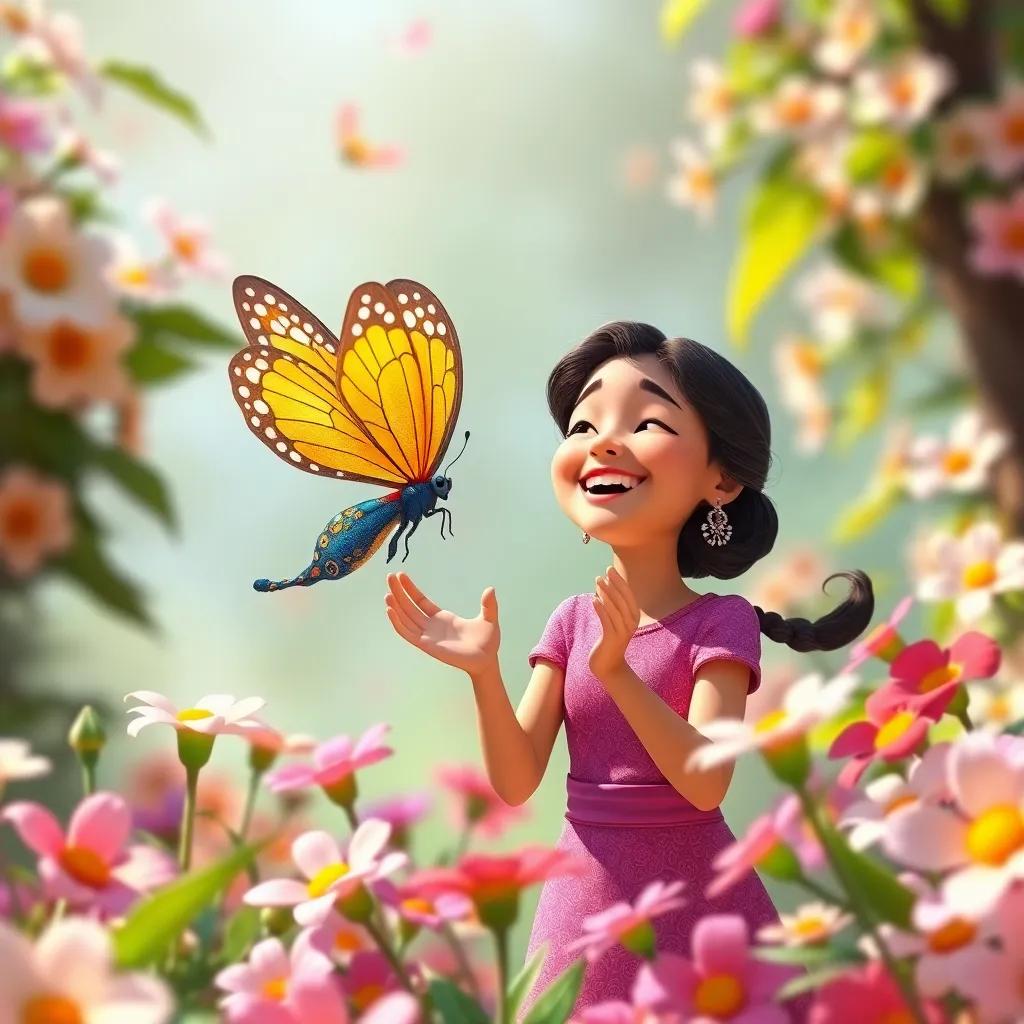 The butterfly flying happily around Leila, who is laughing and joyfully clapping, surrounded by blooming flowers, colorful and bright, joyful atmosphere, high quality