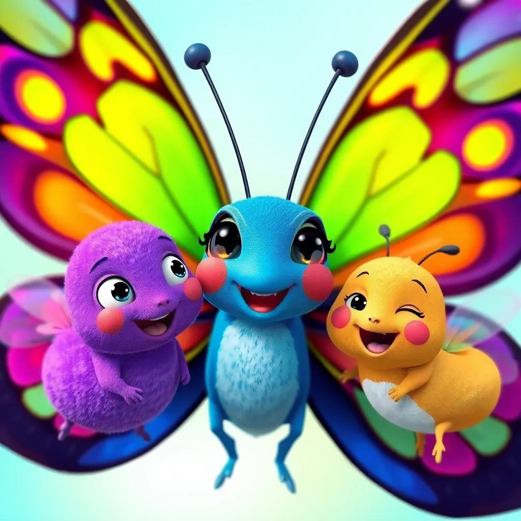 A close up of the butterfly meeting its friends, colorful wings and happy expressions, bright background, cheerful, whimsical