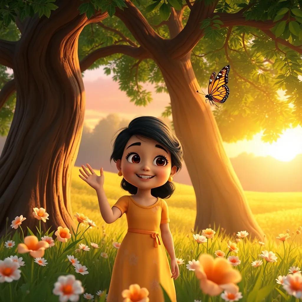 Leila smiling and waving goodbye to the butterfly, under a big tree with flowers around, warm sunset light, heartwarming scene, high quality