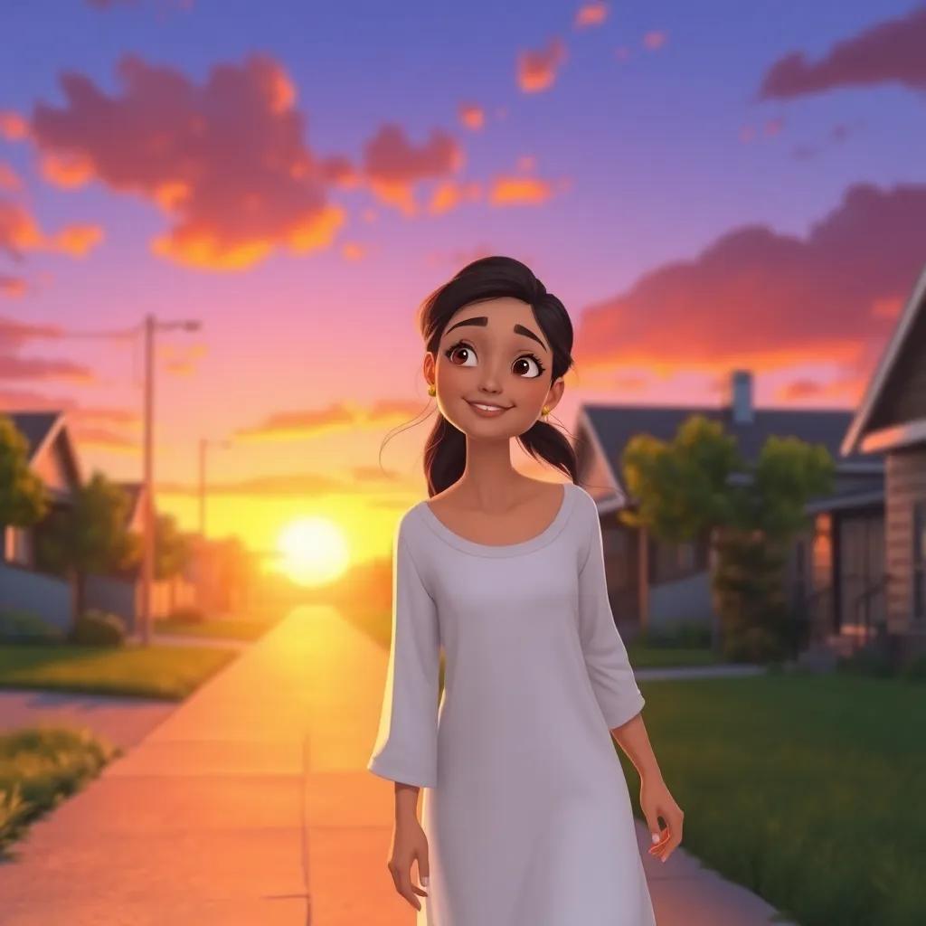 Leila walking home during sunset, with a gentle smile on her face, the sky painted in hues of orange and purple, beautiful scene, high quality