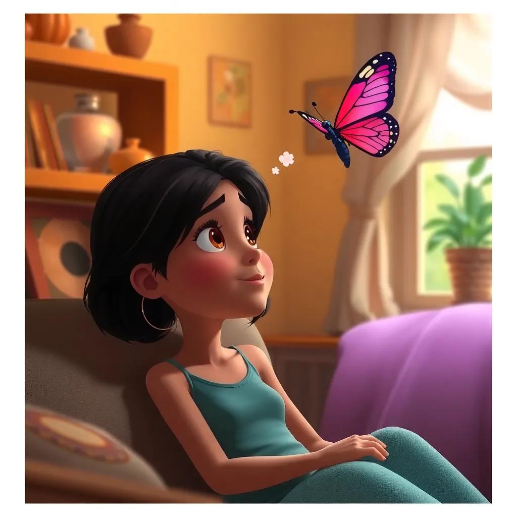 Leila at home, thinking about the butterfly, with dreams in her eyes, cozy room, warm and inviting atmosphere, nostalgic