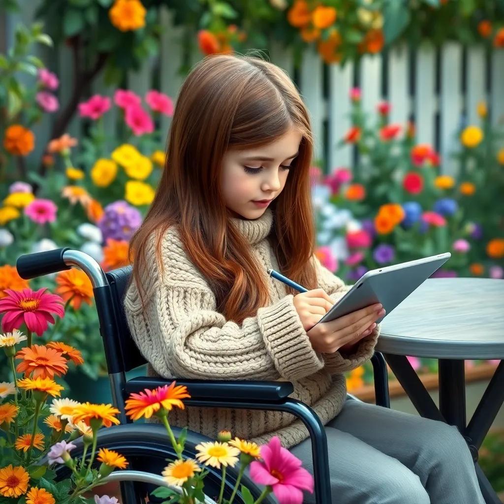 A young girl, with long brown hair, wearing a cozy sweater, sitting in a wheelchair at a garden table surrounded by flowers, writing on an iPad, digital art, colorful flowers, peaceful scene, high quality