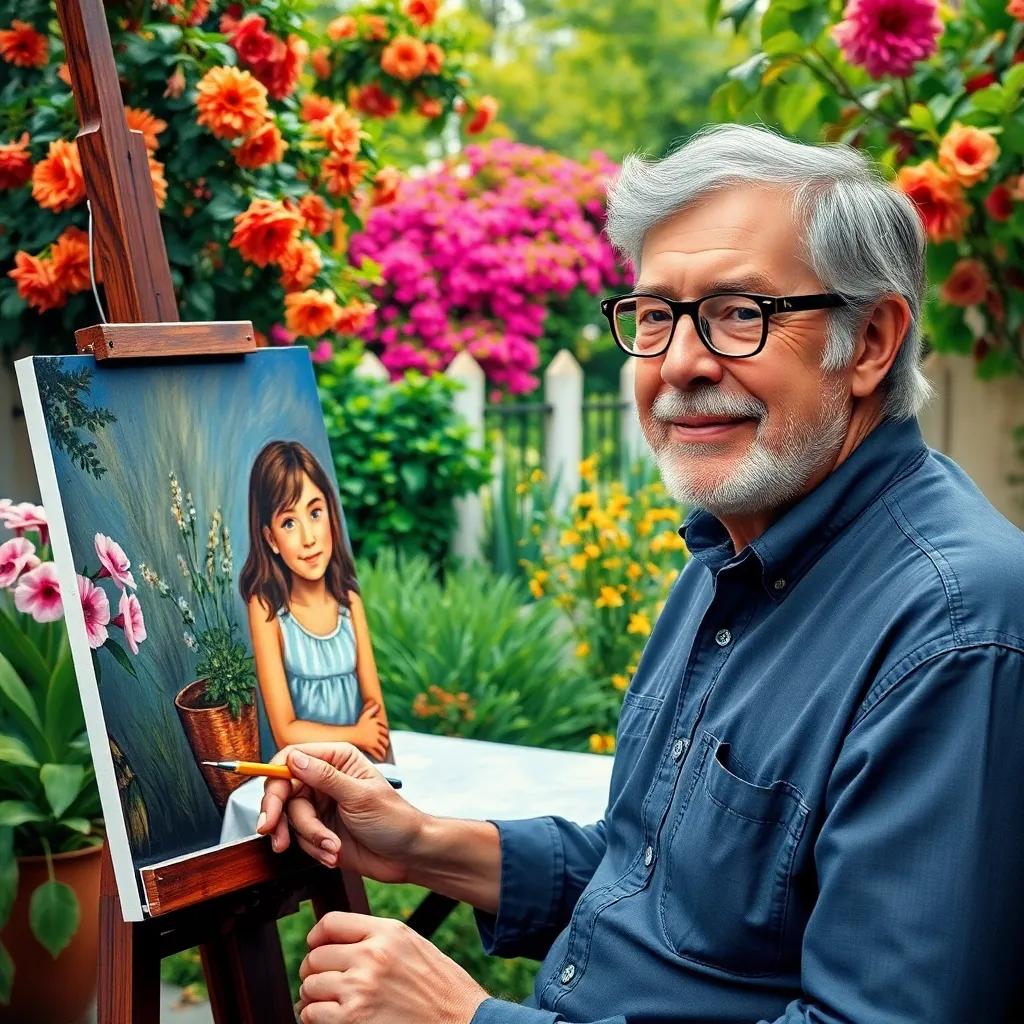 An elderly man with gray hair and glasses, wearing a casual shirt, painting a portrait of the girl at the garden table, gentle smile, vibrant colors, artistic atmosphere, high quality