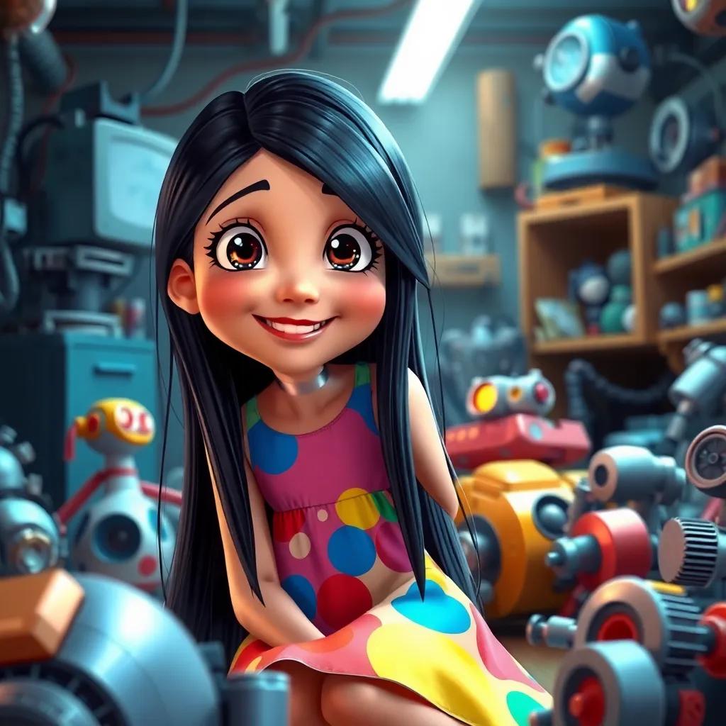 A girl, Layla, with long black hair and bright eyes, wearing a colorful dress, sitting in a workshop surrounded by robot parts, smiling with excitement, digital art, vibrant colors, creative atmosphere, high quality