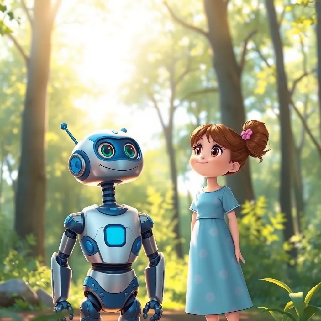 A friendly robot, Rami, with metallic blue and silver body, standing next to Layla, both looking at the forest with wonder, trees in the background, bright sunlight filtering through leaves, cheerful illustration, inviting scene, high quality