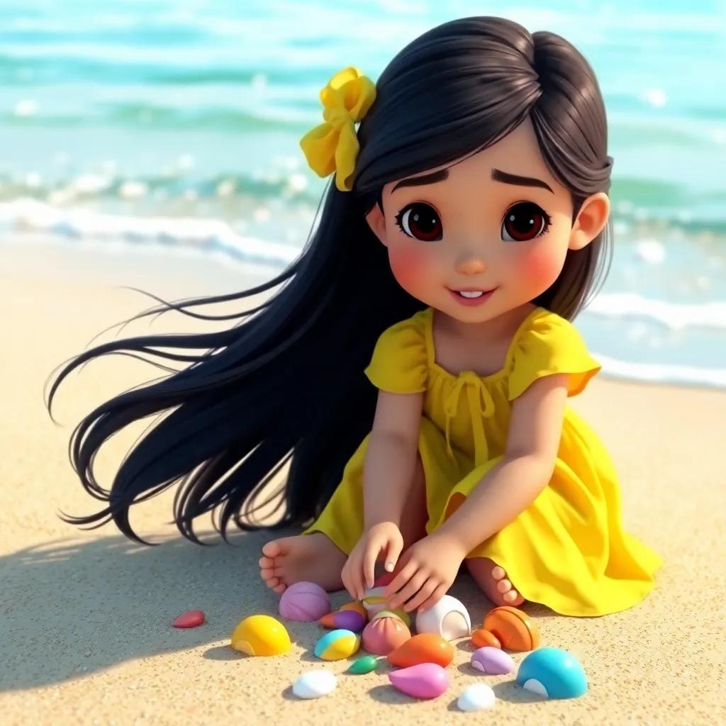 A young girl, Leila, with long black hair wearing a bright yellow dress, playing on the sandy beach, collecting colorful seashells with gentle waves in the background, digital art, vibrant colors, sunny atmosphere, child-friendly