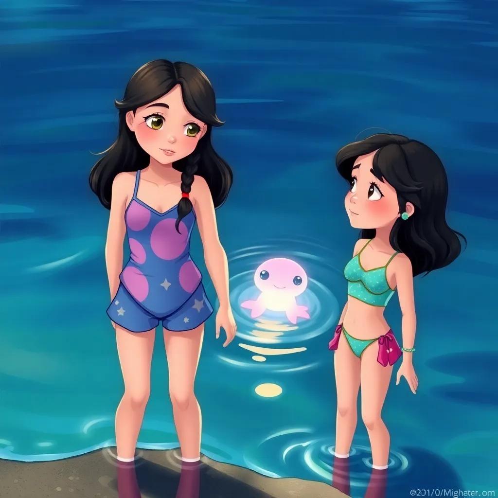 Two girls, Leila and Mariam, with long dark hair, wearing colorful swimsuits, standing at the water's edge and looking curiously at a glowing creature in the sea, detailed illustration, magical, whimsical, bright colors