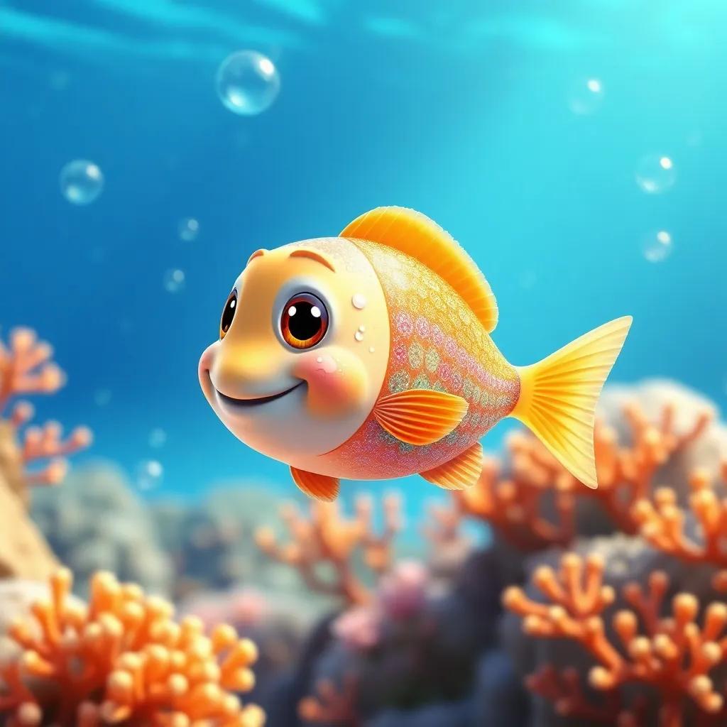 A small fish named Sukkar, with sparkling scales in various colors, swimming happily in the clear blue water, surrounded by beautiful coral reefs and bubbles, artistic vision, cheerful, enchanting scene