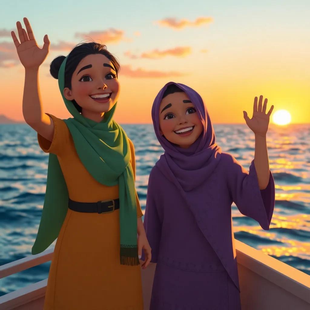 Leila and Mariam, happy with wide smiles, waving goodbye to Sukkar and her family in the ocean, the sun setting over the horizon, warm colors, joyful moment, heartwarming atmosphere