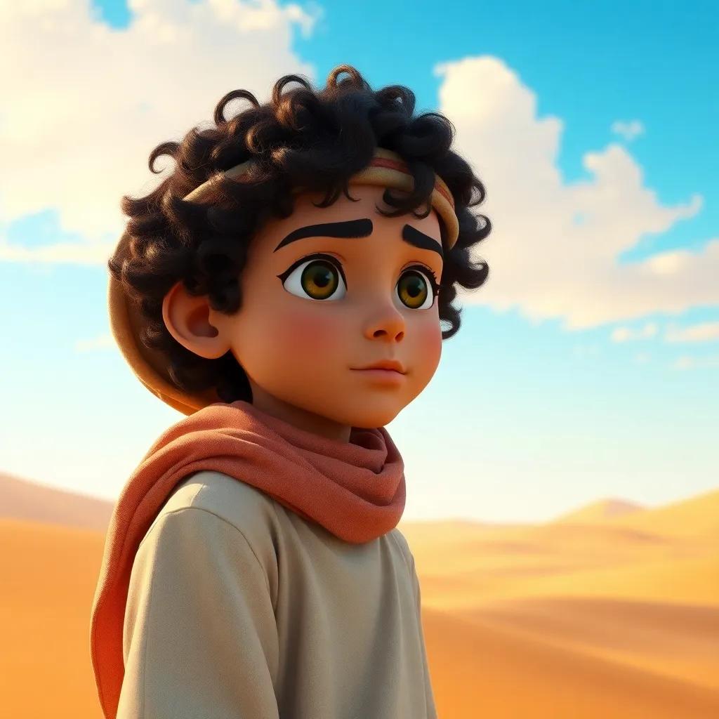 A young Bedouin boy, Saif, with dark curly hair, wearing a traditional thawb and headscarf, exploring a vast desert landscape with sand dunes and a bright blue sky, digital art, warm colors, adventurous atmosphere, high quality