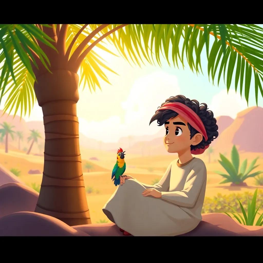 Saif, a young Bedouin boy, with dark curly hair, wearing a traditional thawb and headscarf, sitting under a palm tree in a beautiful oasis, speaking to a colorful bird, vibrant colors, cheerful, engaging scene, high quality