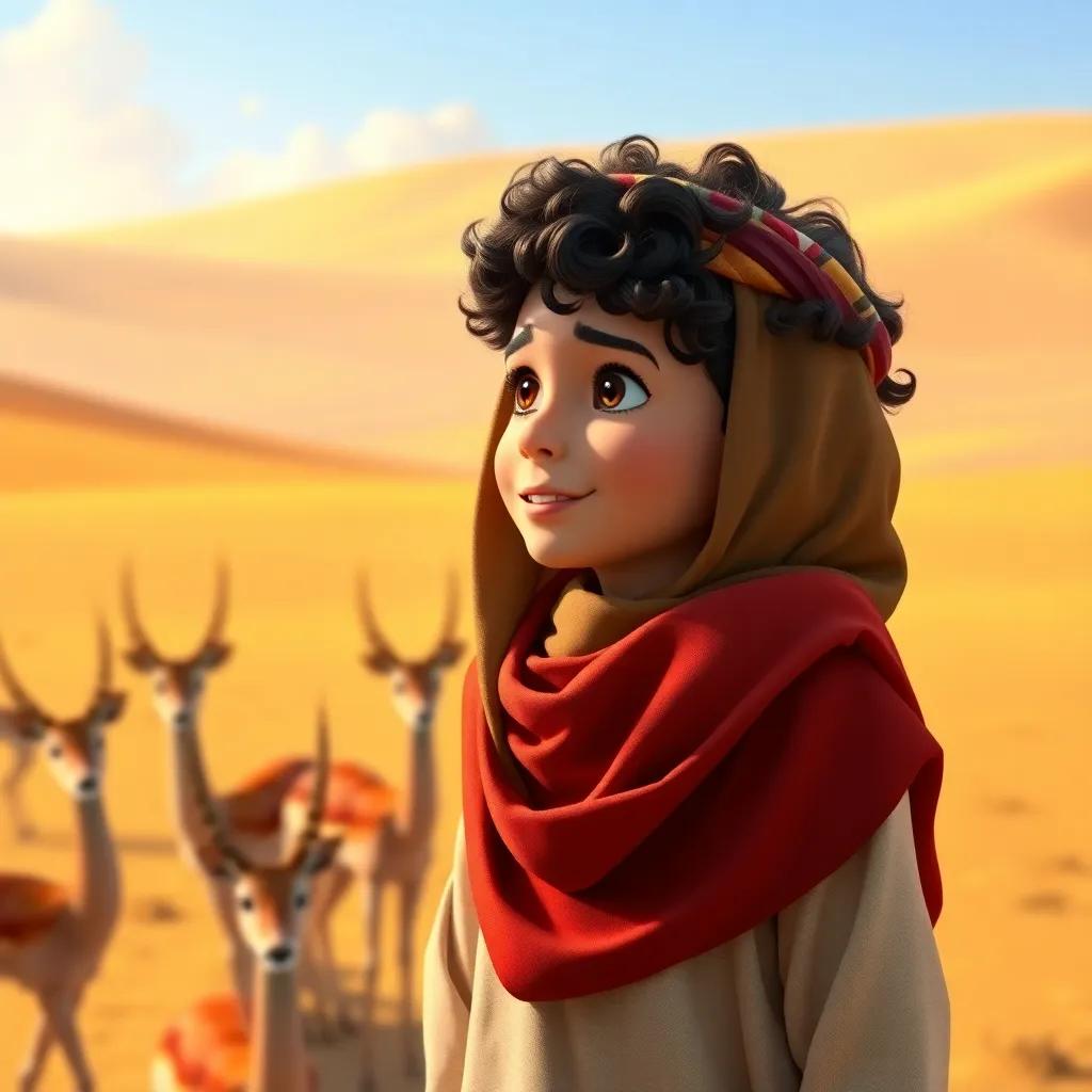 Saif, a young Bedouin boy, with dark curly hair, wearing a traditional thawb and headscarf, observing a group of playful gazelles in the desert, highlighting the beauty of nature, realistic, vivid colors, heartwarming image, high quality