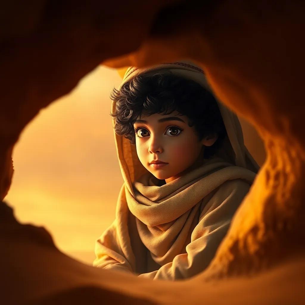Saif, a young Bedouin boy, with dark curly hair, wearing a traditional thawb and headscarf, hiding in a small cave during a sandstorm, reflecting determination and courage, dramatic lighting, warm colors, captivating moment, high quality