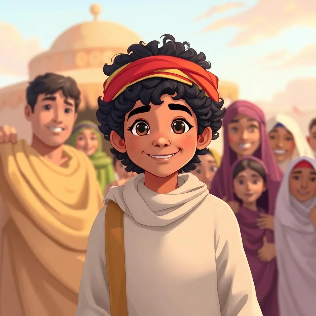 Saif, a young Bedouin boy, with dark curly hair, wearing a traditional thawb and headscarf, returning to his village with a proud smile, surrounded by family and friends who welcome him home, warm colors, joyful celebration, quality illustration