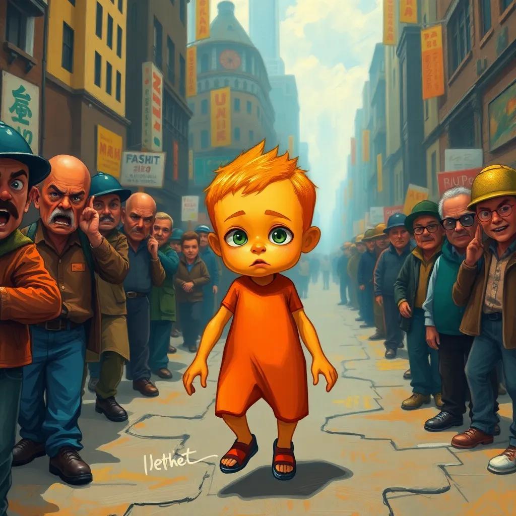A bright orange boy with a round head and triangular body, walking through a city with angry citizens, looking curious and determined, digital art, vibrant colors, expressive atmosphere, engaging perspective, high quality