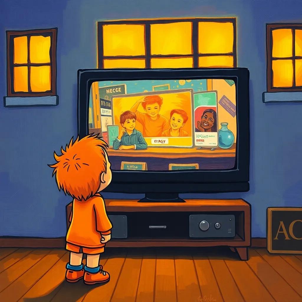 The bright orange boy standing in front of a black square television, intrigued by an advertisement, with the glowing orange windows in the background, cheerful and hopeful, cartoon style, colorful, detailed, uplifting scene