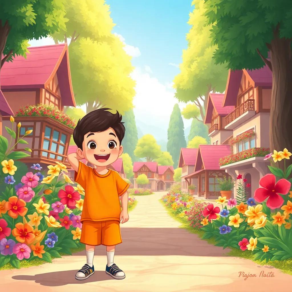 A cheerful young boy, wearing a bright t-shirt and shorts, standing excitedly at the entrance of a vibrant village filled with colorful flowers and tall trees, digital art, cheerful atmosphere, warm sunlight, high quality