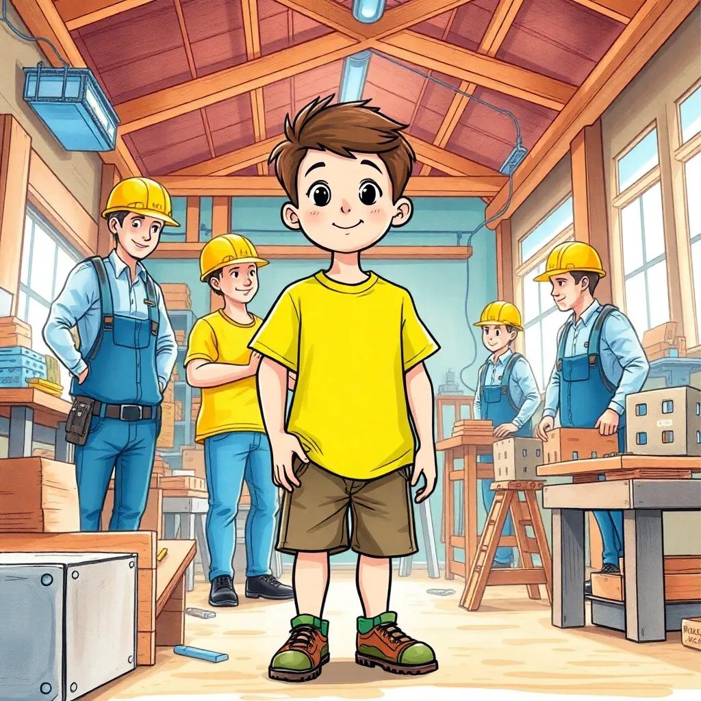 A young boy, wearing a bright t-shirt and shorts, actively working with builders in a lively workshop, learning how to construct buildings, detailed illustration, colorful, children-friendly vibe, high quality