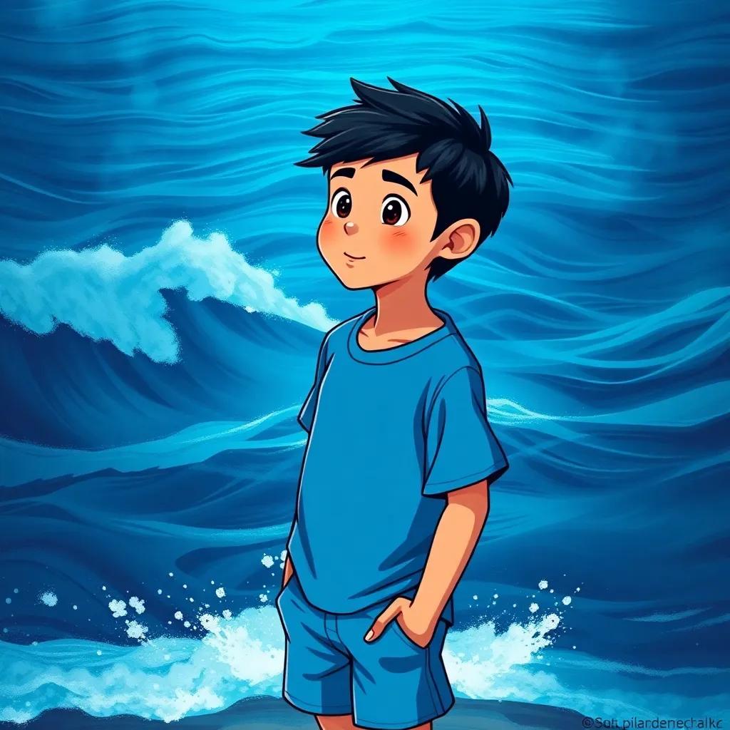 A brave young boy, Sami, with short black hair, wearing a blue t-shirt and shorts, standing at the edge of a mysterious sea with dark blue waters, looking excitedly at the waves, digital art, vibrant colors, adventurous atmosphere, high quality